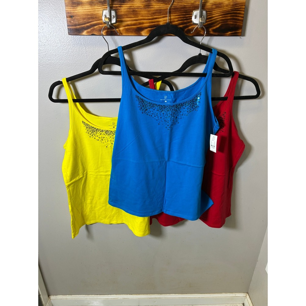 New York & Company Womens XL Sequin Scoop Neck Tank Top Set of 3 Yellow Blue Red
